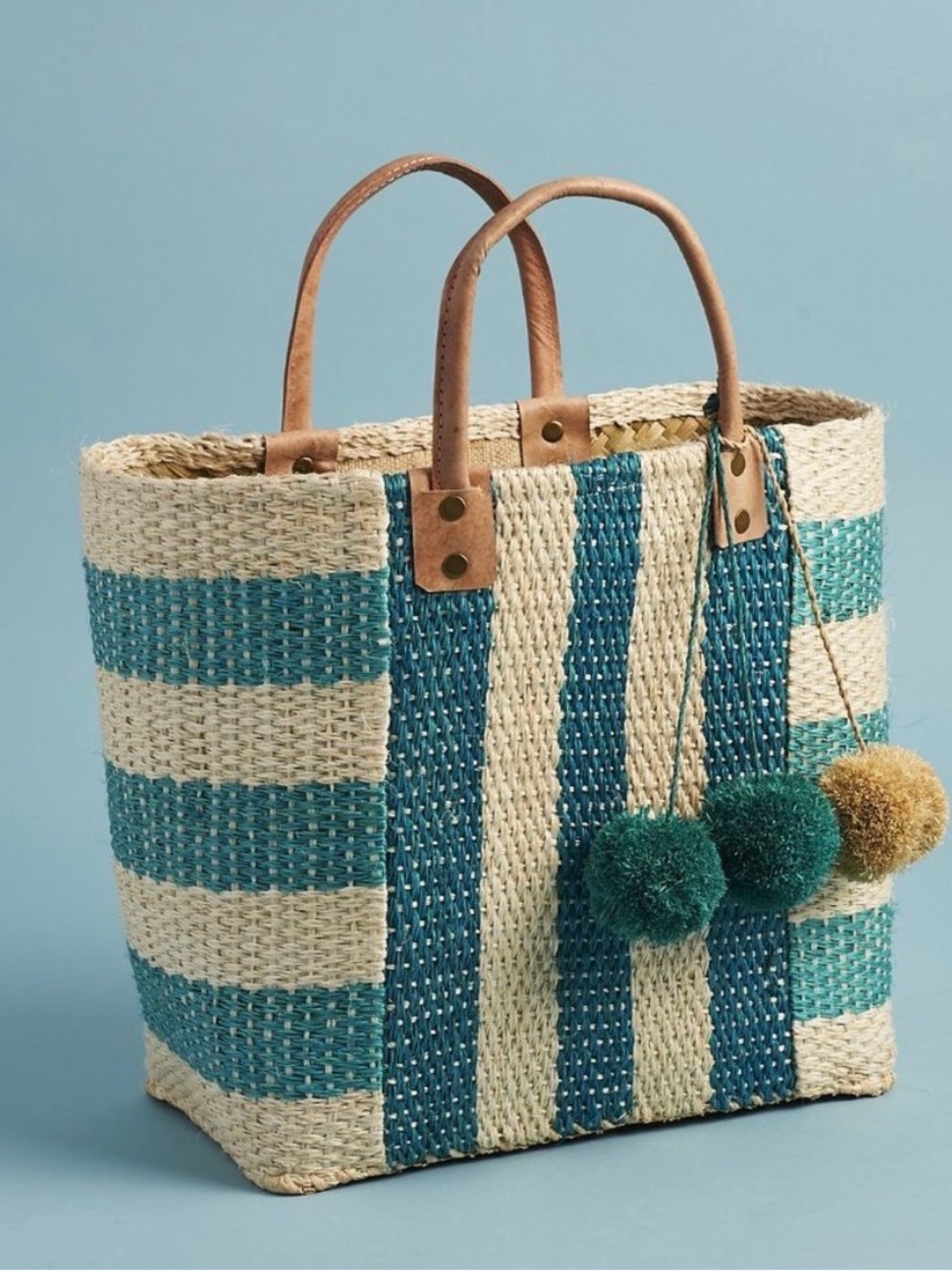 NEW Mar y sol Collins basket Stripped Woven Tote Bag with Pom Accents